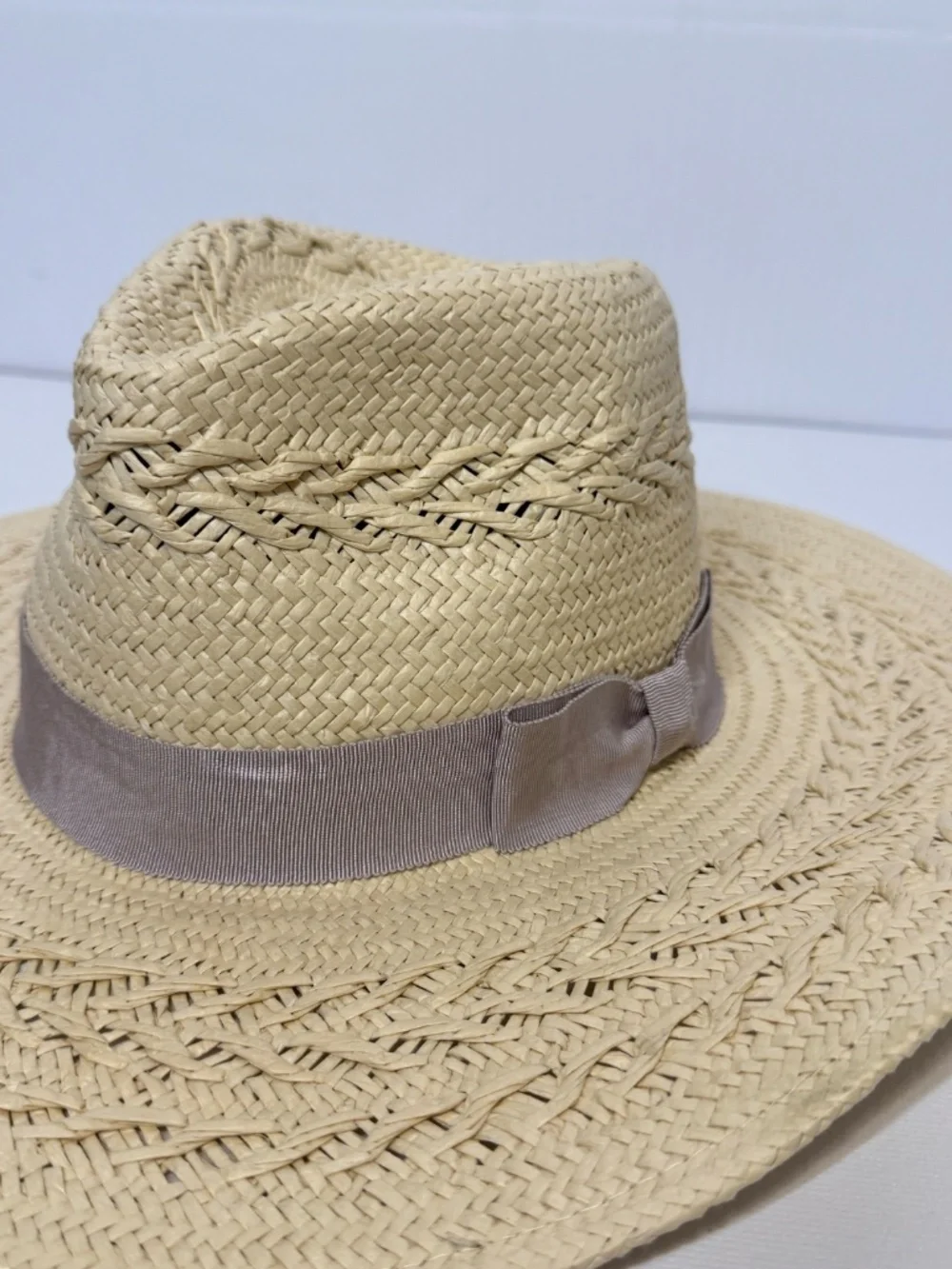 BTB Los Angeles Carrie Wide Brim Woven Straw Sun Hat Taupe Ribbon Size S